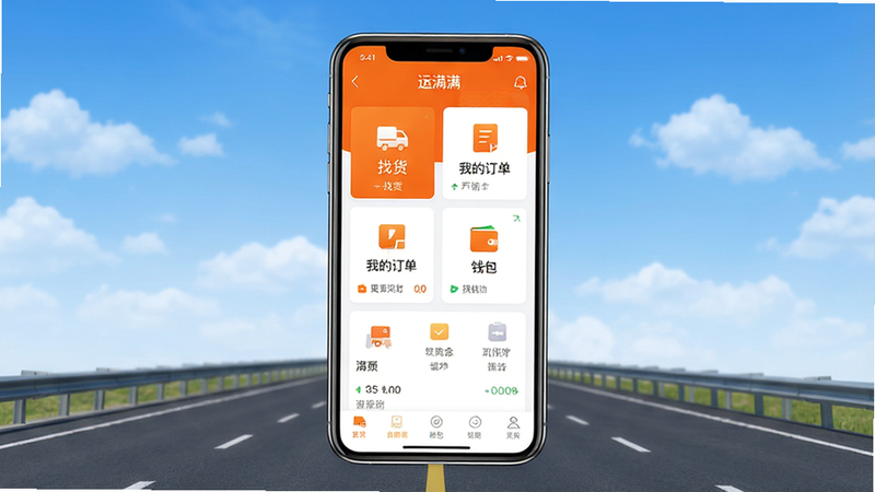 运满满司机APP主界面全景展示,手机屏幕居中,背景为简洁的蓝天白云或公路场景,界面清晰显示“找货”、“我的订单”、“钱包”等核心模块,字体清晰,色彩以橙色和白色为主,风格现代简约,高清渲染,无多余元素