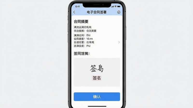 运满满司机APP电子合同签署页面,显示合同摘要、签名区域及确认按钮,界面简洁严肃,突出法律保障感,背景干净,无干扰元素,高清画质