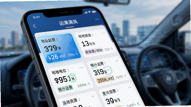 运满满司机APP智能推荐货源界面,显示多条货源卡片,包含起止地、吨位、预计运费等信息,界面布局整齐,重点数据高亮显示,背景虚化,突出屏幕内容,科技感强,高清细节