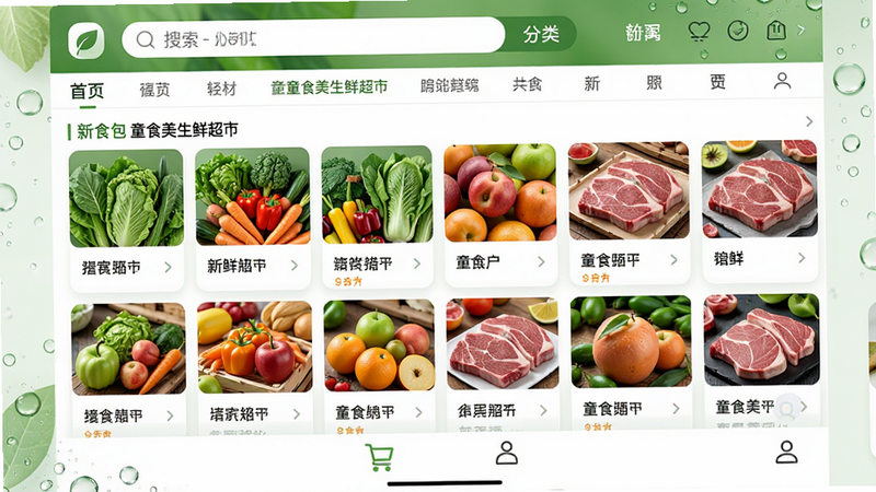 �����ǡ�ͯʳ�����ʳ��С�Ӧ�ý���ȫ��ͼ�����ֲ��ñ�ƽ����ƣ�����Ϊ����������ർ�����в�չʾ�����߲ˡ�ˮ��������ĸ��忨Ƭʽ��Ʒ�б����ײ�Ϊ���ﳵ���������ͼ�꣬���������Ȼ��ɫ������ɫ�Ͱ�ɫΪ����ϸ�ڴ�����ˮ���ʸ����������ʣ�����4k���ɾ��޶���Ԫ�أ�������������ʾΪ