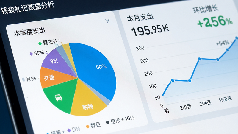 钱袋札记数据分析页面特写,显示详细的月度支出饼图,颜色搭配清新,包含餐饮、购物、交通等分类,旁边有趋势折线图,文字清晰标注“本月支出”和“环比增长”,风格科技感与实用性结合,高清