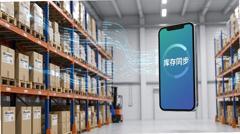 展示一个智能仓库场景,货架整齐排列,上方有数据流特效连接到一个悬浮的手机界面,界面显示“库存同步”字样,主体为仓库与手机,布局左右结构,排版清晰,风格为科技感现实主义,细节展现货物标签与数据连线,画质高清,干净背景