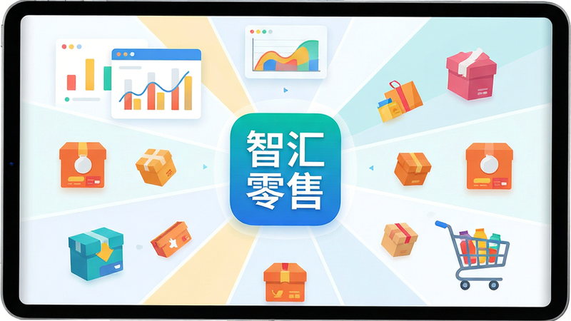 一张高清商业概念图,主体为现代简约风格的平板电脑界面,屏幕中央清晰显示“智汇零售”应用图标,周围环绕着抽象的数据图表、商品包装盒和购物车元素,布局采用中心辐射状,排版整洁有序,风格为扁平化商业插画,细节丰富且色彩明亮,画质4k,干净无多余元素