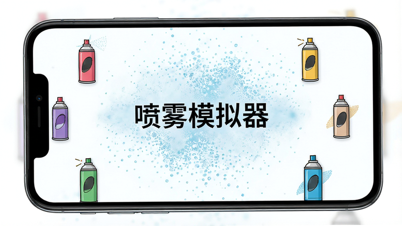 一张展示手机屏幕界面的图片,屏幕中央显示着“喷雾模拟器”的标题,背景是淡蓝色的水雾粒子效果,周围环绕着几个不同颜色的喷雾罐图标,布局简洁现代,风格清新,细节清晰,画质高清,干净无多余元素