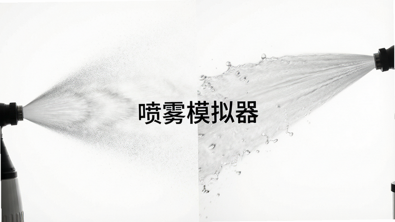 一张对比图,左侧显示细密的雾状喷射,右侧显示集中的水柱喷射,中间有“喷雾模拟器”字样分隔,背景为纯白,布局对称,风格极简,细节对比鲜明,画质高清,干净无杂质