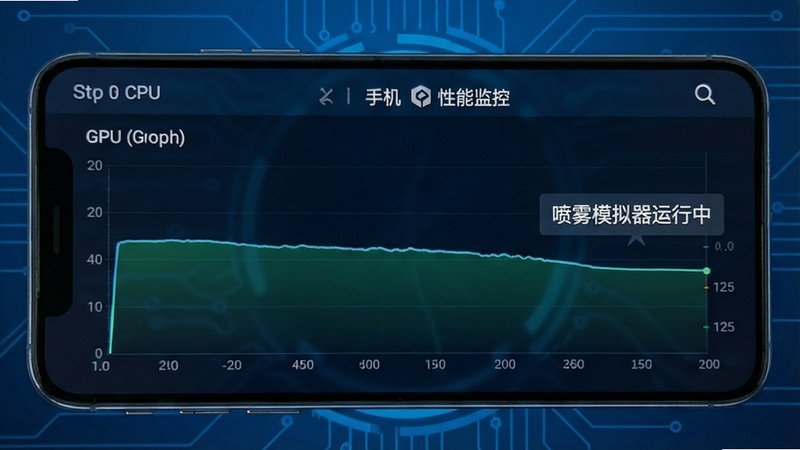 一张显示手机性能监控界面的图片,CPU和GPU使用率曲线平稳低下,旁边标注“喷雾模拟器运行中”,背景为科技蓝,布局清晰,风格专业,细节准确,画质清晰,干净无干扰