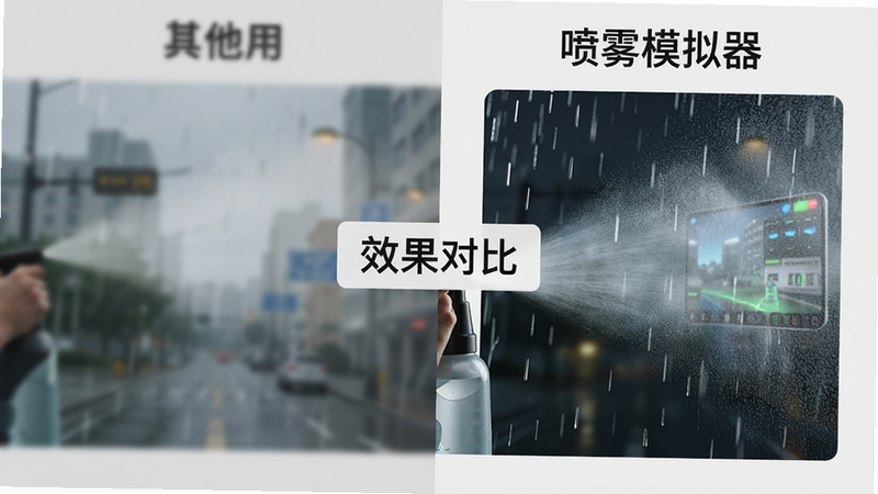 一张对比展示图,左侧是其他应用的模糊雨雾效果,右侧是“喷雾模拟器”清晰锐利的雨雾效果,中间标注“效果对比”,背景为灰白色,布局清晰,风格客观,细节分明,画质高清,干净