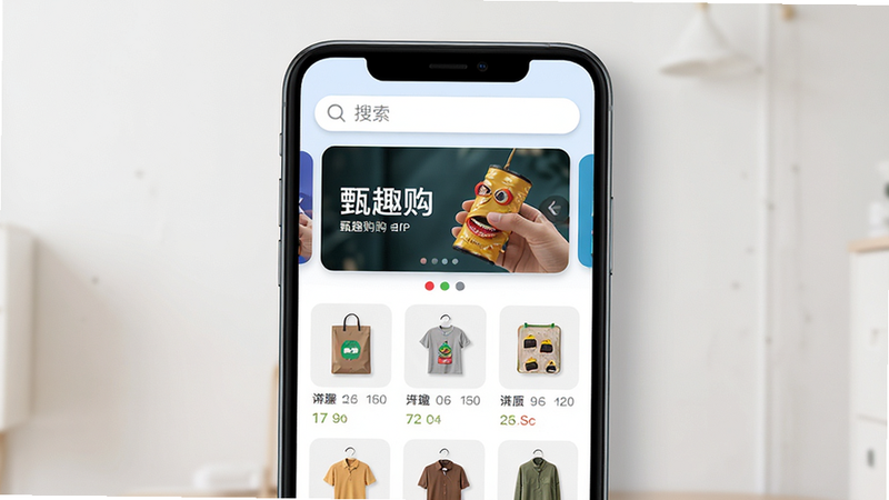 甄趣购安卓APP首页界面展示,主体为手机屏幕,布局清晰,顶部搜索栏,中部轮播图,下方商品网格列表,风格为扁平化现代设计,细节处有柔和阴影,文字包含“甄趣购”,画质高清,干净无多余元素
