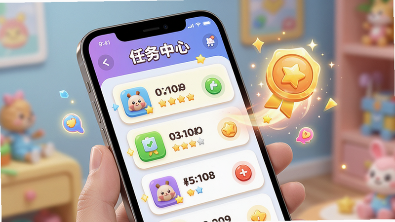 甄趣购APP内的趣味互动界面,主体为手机屏幕,显示游戏化任务列表和积分奖励动画,布局活泼,色彩鲜艳,风格为卡通与写实结合,细节处有光效点缀,文字包含“任务中心”,画质清晰,无杂乱背景