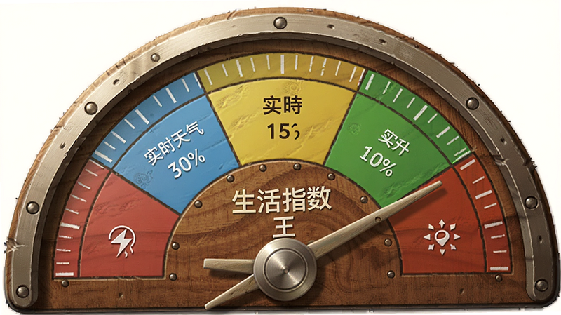 主体为生活指数仪表盘,布局为半圆形刻度盘,指针指向不同区间,排版简洁,拟物化风格,木质与金属质感细节,画质逼真,干净背景,文字包含