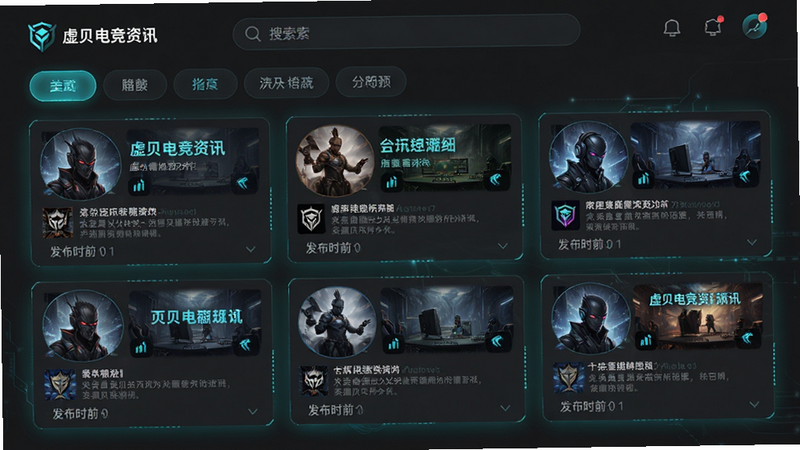 主体为虚贝电竞资讯板块界面,布局为卡片式列表,每张卡片展示游戏封面、标题摘要及发布时间,顶部有搜索框与分类标签,整体色调为深灰与青色搭配,字体层级分明,细节处有微弱光效点缀,风格科技感强,干净利落,无水印,高清展示