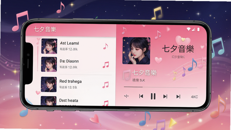 七夕音 安卓版应用主界面预览,主体为手机屏幕中央显示的音乐播放列表,布局采用左右分栏,左侧为歌曲列表,右侧为当前播放详情,排版整齐有序,风格为清新浪漫主义,细节包含粉色渐变背景与音符图标装饰,画质高清,干净,无多余元素,文字显示