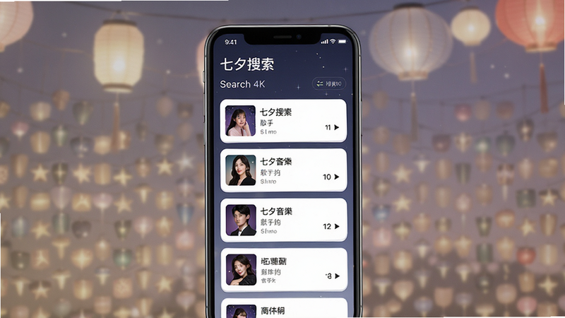 七夕音 搜索界面演示,主体为手机屏幕显示的搜索结果列表,布局为列表与卡片结合,排版简洁明了,风格为清新UI设计,细节包含歌曲名称、歌手与播放时长,画质高清,干净,无多余元素,文字显示