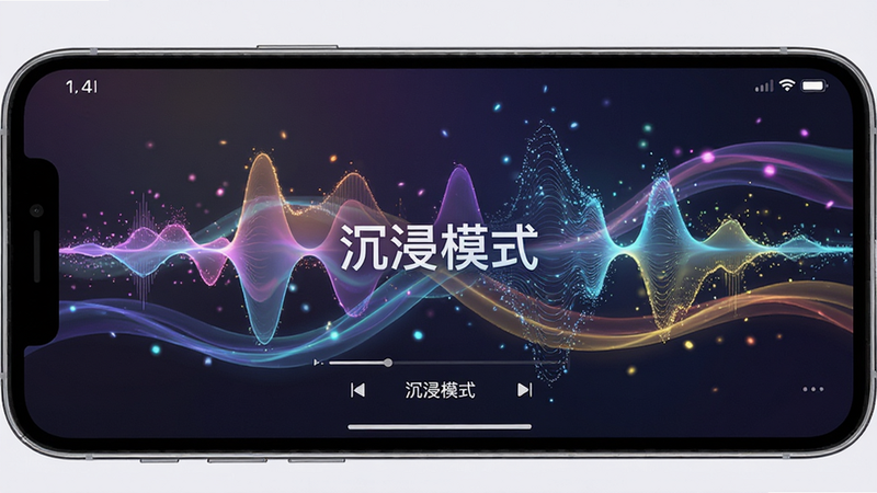 七夕音 沉浸式播放界面,主体为手机屏幕全屏显示的动态音乐波形,布局为全屏覆盖模式,排版极简,风格为梦幻光影效果,细节包含流动的彩色光带与粒子效果,画质细腻,干净,无多余元素,文字显示