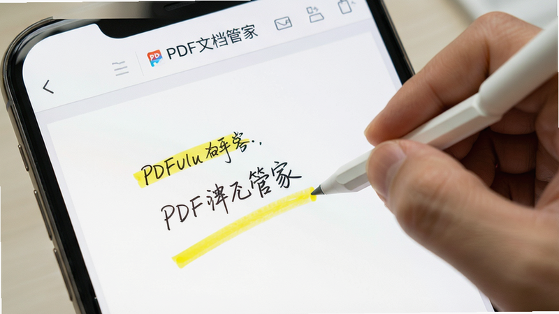 一张手机屏幕操作演示图,主体为“PDF文档管家”编辑界面,布局展示PDF页面中央,排版突出手写笔迹与高亮笔触,风格明亮清晰,细节显示手指正在绘制黄色高亮线条,画质高清,干净白色文档背景,无多余UI元素