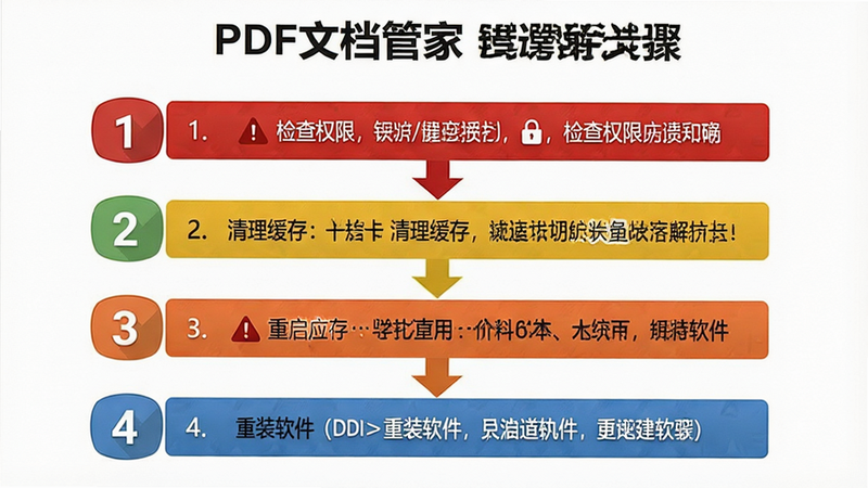 一张故障排除流程图,主体为“PDF文档管家”错误解决步骤,布局采用垂直步骤条,排版清晰编号1-4,风格警示与解决结合,细节显示“检查权限”、“清理缓存”、“重启应用”、“重装软件”文字标签,画质清晰,干净白色背景,无多余装饰