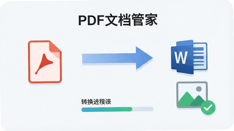 一张流程图风格的插画,主体为“PDF文档管家”转换功能示意,布局采用左右箭头连接PDF图标与Word/图片图标,排版简洁直观,风格扁平化设计,细节显示转换进度条与成功勾选标记,画质平滑,干净浅色背景,无复杂阴影