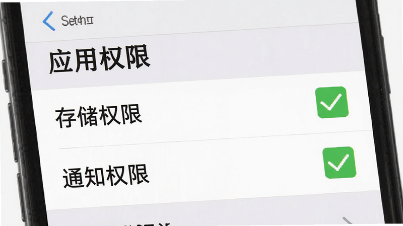 一张手机设置界面的示意图,聚焦于“应用权限”列表。高亮显示“存储权限”和“通知权限”两项,勾选框内为绿色对勾。背景为浅灰色,文字清晰易读。风格为系统原生UI设计,简洁明了,无多余装饰。