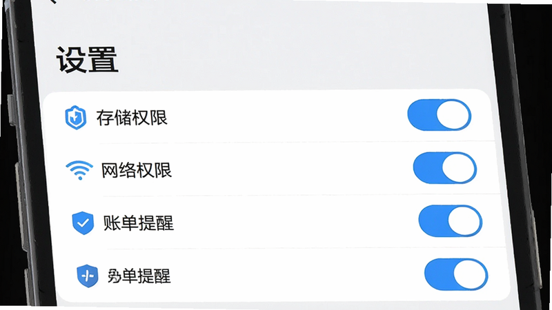 主体为“电费水费助手”应用内的设置页面,布局列表形式展示各项权限开关,包括“存储权限”“网络权限”“账单提醒”等,风格简洁清晰,蓝色勾选图标表示已开启,细节处有盾牌图标象征安全,画质高清,干净无杂乱,文字“设置”标题醒目