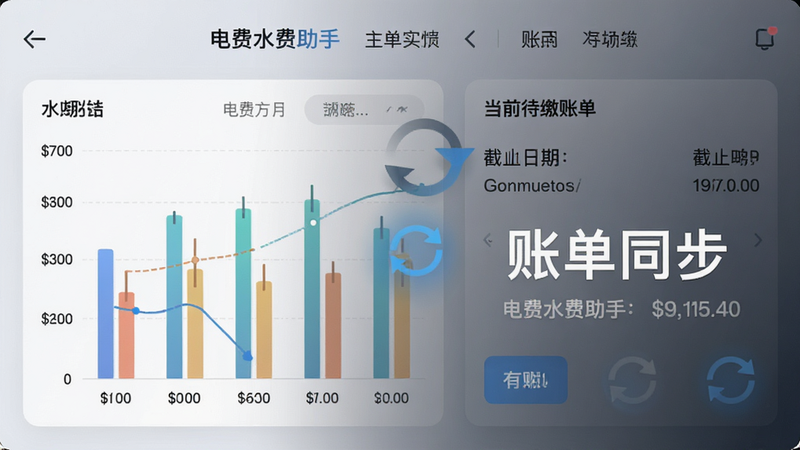 主体为“电费水费助手”应用内的账单详情页,布局左侧列出过去六个月的电费水费柱状图,右侧显示当前待缴账单明细及截止日期,风格为现代商务风,配色柔和,细节处有动态刷新图标表示数据同步中,画质细腻,干净无杂乱背景,文字“账单同步”加粗显示