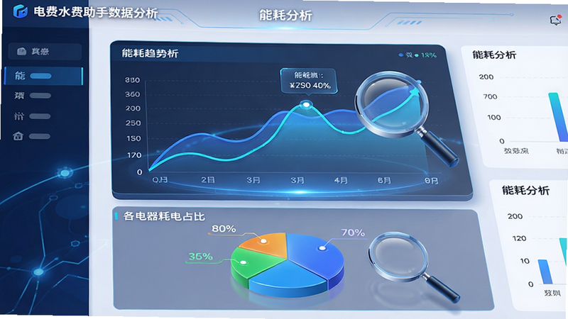 主体为“电费水费助手”的数据分析页面,布局中央为三维立体的能耗趋势折线图,下方为各电器耗电占比饼图,风格科技感强,蓝色光效点缀,细节处有放大镜图标聚焦数据点,画质高清,干净无多余装饰,文字“能耗分析”清晰可见