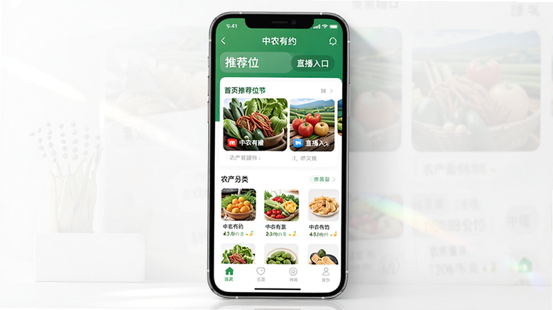 主体为“中农有约”APP界面全景图,布局清晰展示首页推荐位、直播入口及农产品分类栏,排版采用绿色与白色为主色调,风格清新现代,细节包含模拟的手机边框与屏幕光影,画质高清,干净,无多余元素