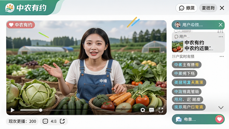 主体为“中农有约”直播界面预览,布局突出视频播放区与弹幕互动区,排版紧凑,风格活力动感,细节展示主播讲解农产品及用户实时评论,画质清晰,干净,无多余元素