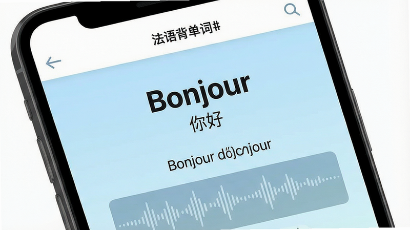 手机屏幕显示“法语背单词”App界面,顶部为简洁导航栏,中间区域展示法语单词“Bonjour”及其中文释义“你好”,下方配有例句和语音波形图,背景为淡蓝色渐变,布局清晰,排版工整,高清矢量风格,无多余装饰,画质纯净