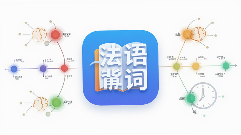 以“法语背单词”App图标为中心,周围环绕着时间轴和记忆节点示意图,节点用不同颜色的圆点表示记忆强度,背景为白色,风格简约科技,细节清晰,画质高,无杂乱元素