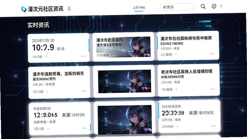 主体为漫次元社区资讯页面,布局为列表式新闻卡片,排版简洁明了,风格为现代科技感,细节包含时间戳与来源标识,画质清晰,干净,文字标注