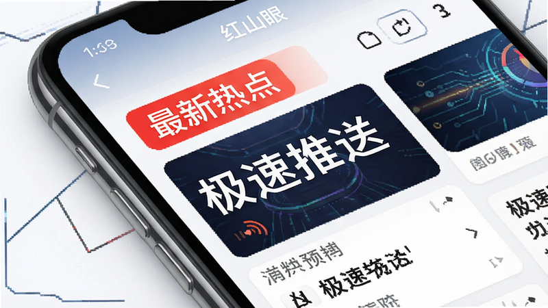 展示红山眼APP资讯推送界面的设计图,主体为手机屏幕,突出“最新热点”标签,布局紧凑,排版醒目,风格科技感,细节清晰,画质高清,干净,无多余元素,包含文字