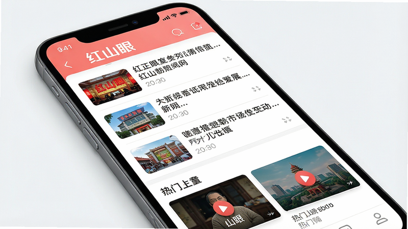 一张展示红山眼APP界面的高清预览图,主体为手机屏幕,显示新闻列表和热门视频板块,布局整洁,排版清晰,风格现代简约,细节丰富,画质高清,干净,无多余元素,包含文字