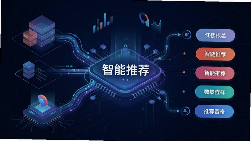 红山眼APP个性化推荐算法示意图,主体为数据流和推荐标签,布局抽象化,排版有序,风格智能科技,细节精致,画质高清,干净,无多余元素,包含文字
