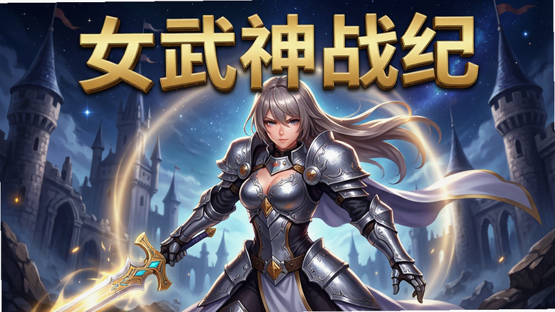 主体为一张精美的二次元游戏宣传海报,画面中央是一位身穿银色铠甲、手持发光长剑的女性角色,背景是奇幻风格的城堡废墟与星空。布局采用居中构图,角色占据画面主体60%,周围环绕着淡淡的光晕特效。排版简洁大气,上方预留标题空间。风格为高精度数字绘画,色彩鲜艳,光影对比强烈。细节丰富,铠甲纹理清晰,飘带动态自然。画质4K,干净无多余元素,文字“女武神战纪”以金色立体字呈现于顶部。