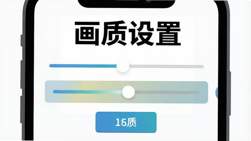 主体为手机屏幕示意图,显示游戏设置界面,画质选项被高亮选中。布局为竖向手机界面,背景简洁。风格为扁平化UI设计。细节包括滑块、按钮的高亮状态。画质清晰,干净背景,文字“画质设置”以黑色粗体显示在顶部。