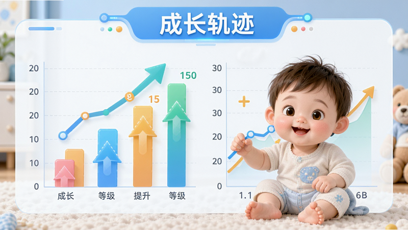 主体为宝宝学数学加减法进度图表,布局为柱状图与折线图结合,排版整齐,风格科技感与童趣结合,细节显示等级提升箭头,画质清晰,干净无多余元素,文字包含