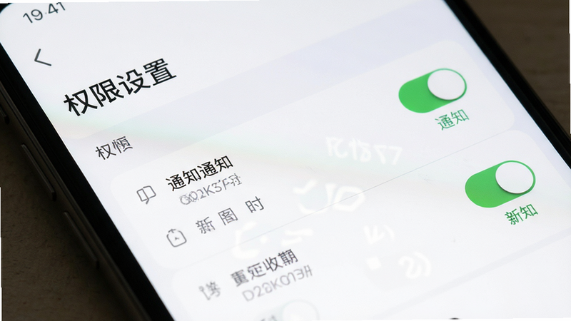 主体为手机设置界面,布局聚焦权限管理列表,排版清晰,风格极简,细节显示通知开关状态,画质高清,干净无多余元素,文字包含