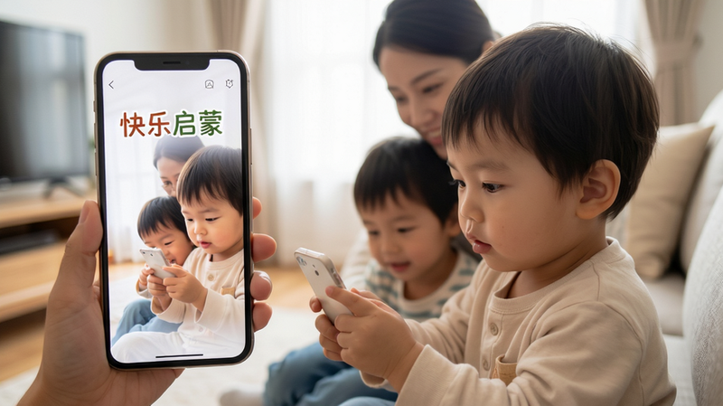 主体为亲子互动场景,布局为客厅背景,排版聚焦手机屏幕与实物结合,风格温馨家庭风,细节显示孩子专注表情,画质柔和,干净无多余元素,文字包含