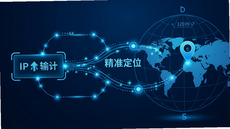 主体为数据流动的动态效果,布局呈现从左侧IP输入框到右侧地图定位点的流向,排版清晰,风格为科技感蓝色调,细节包含发光的节点连接线与地球坐标轴,文字包含'精准定位',画质4K,干净,无多余元素