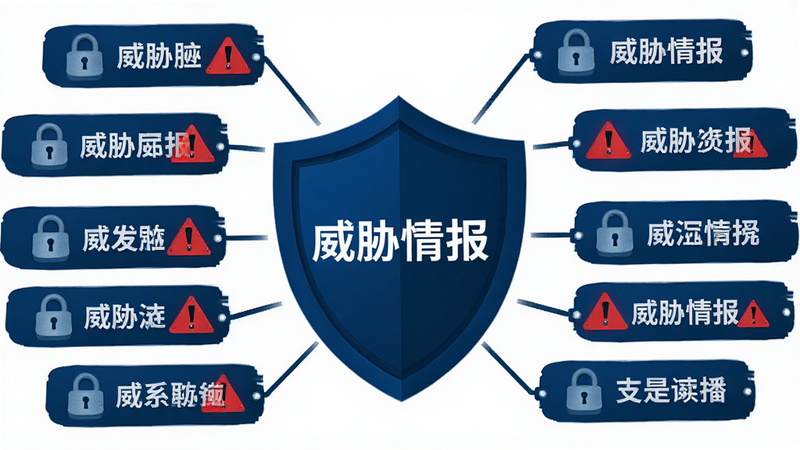 主体为盾牌防护图形,布局围绕中心盾牌展开多个风险标签,排版对称,风格为深蓝色安全主题,细节包含锁头图标与红色警示标志,文字包含'威胁情报',画质清晰,干净,无多余元素