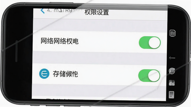 主体为手机设置界面截图,布局展示权限管理列表,排版整齐,风格为iOS/Android通用UI风格,细节包含网络权限开关与存储权限图标,文字包含'权限设置',画质清晰,干净,无多余元素