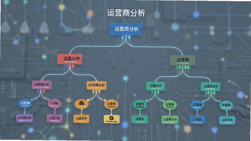 主体为网络拓扑结构图,布局呈树状分支结构,排版层次分明,风格为极简科技风,细节包含不同颜色的节点代表不同运营商,文字包含'运营商分析',画质细腻,干净,无多余元素