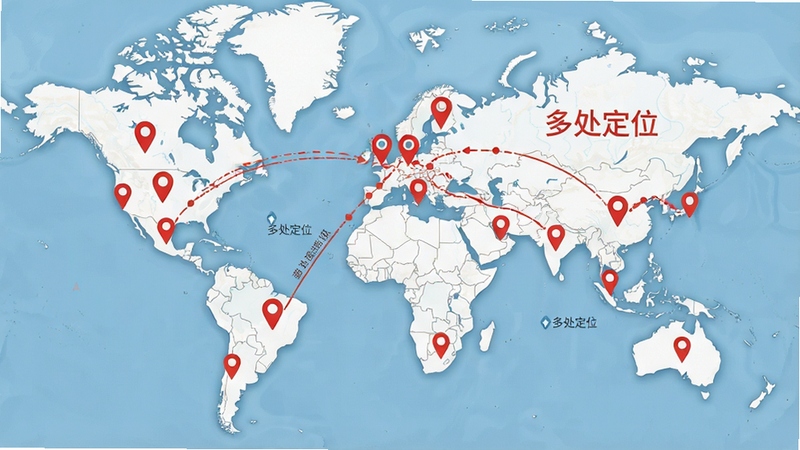 主体为地图多点标注示意图,布局展示全球地图上的多个红色定位点,排版清晰,风格为信息可视化图表,细节包含连接线表示路由路径,文字包含'多处定位',画质高清,干净,无多余元素