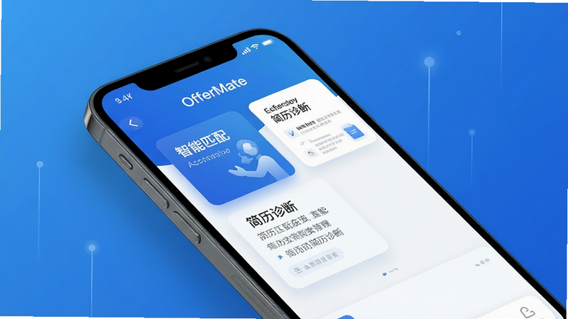 һ��չʾ OfferMate App ��������Ļ�ĸ��� UI ���ͼ������Ϊ�ֻ�ģ�ͣ���Ļ��ʾ������ƥ�䡱�͡�������ϡ��������Ĺ��ܿ�Ƭ������Ϊ����Ƽ������䣬�����������Ű����룬����ִ�����ϸ�ڴ��������Ӱ������ 4K���ɾ����޶���Ԫ��