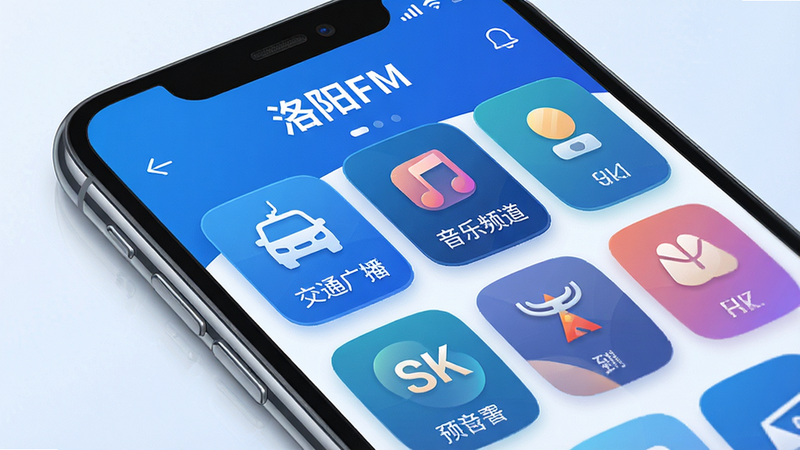 高清手机屏幕界面展示,主体为“洛阳FM”APP首页,布局清晰,顶部显示“洛阳FM”标题,下方是电台列表卡片,包含“交通广播”、“音乐频道”等图标,风格现代简约,蓝色科技色调,细节精致,画质4k,干净无多余元素