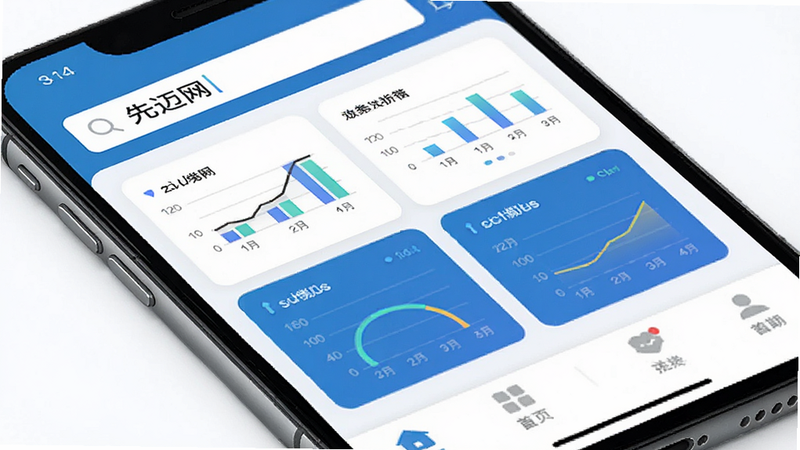 主体为智能手机屏幕特写,展示“先迈网”应用界面,布局清晰,顶部为搜索栏,中部为功能模块网格,底部为导航栏,排版整洁有序,风格为现代扁平化商务风,细节处体现数据可视化图表元素,画质高清,背景干净无杂乱元素,文字标注“先迈网”