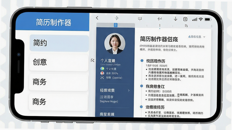 生成一张高清晰度的手机屏幕截图,主体展示“简历制作器”应用的主界面,布局为左侧是分类清晰的模板列表(如简约、创意、商务),右侧是一个正在编辑中的精美简历预览图,包含头像、个人信息栏和经历模块,排版整齐,风格现代扁平化,细节处显示清晰的字体层级和配色方案,画质4k,干净无多余元素,文字显示“简历制作器”
