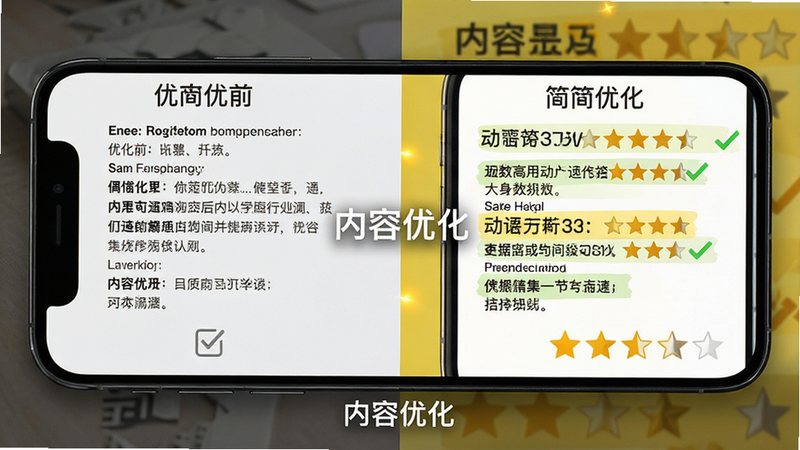 生成一张简历内容优化对比图,主体为手机屏幕,布局为左右分栏,左侧显示优化前的平淡文字,右侧显示优化后带有高亮数据和动词的描述,风格对比鲜明,细节展示勾选标记和星级评分,画质高清,干净,无多余元素,文字显示“内容优化”