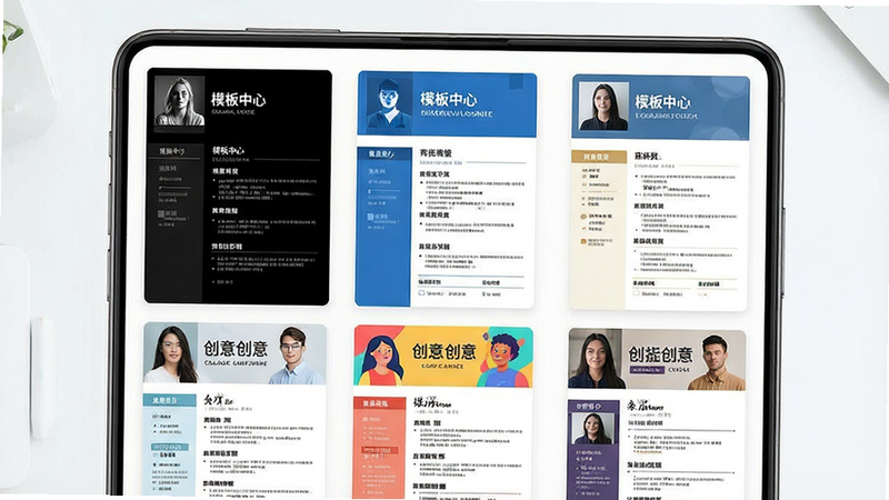 生成一张展示简历模板选择界面的图片,主体为手机界面,布局为网格状排列的多个简历缩略图,每个缩略图风格各异,有黑白极简风、蓝白商务风、彩色创意风,排版紧凑有序,风格清新明亮,细节展示模板的头部设计和内容区块分布,画质高清,干净,无多余元素,文字显示“模板中心”