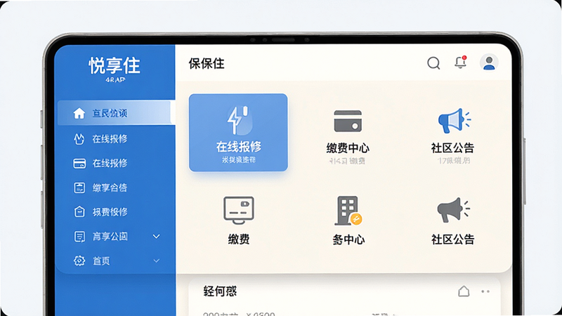主体为悦享住APP的高保真UI界面展示图,布局采用左侧导航栏与右侧内容区结合,排版整洁有序,风格为现代简约扁平化设计,细节包含清晰的图标如'在线报修'、'缴费中心'、'社区公告',文字清晰显示'悦享住'字样,画质4k高清,背景干净无杂物,色彩以科技蓝与暖白为主